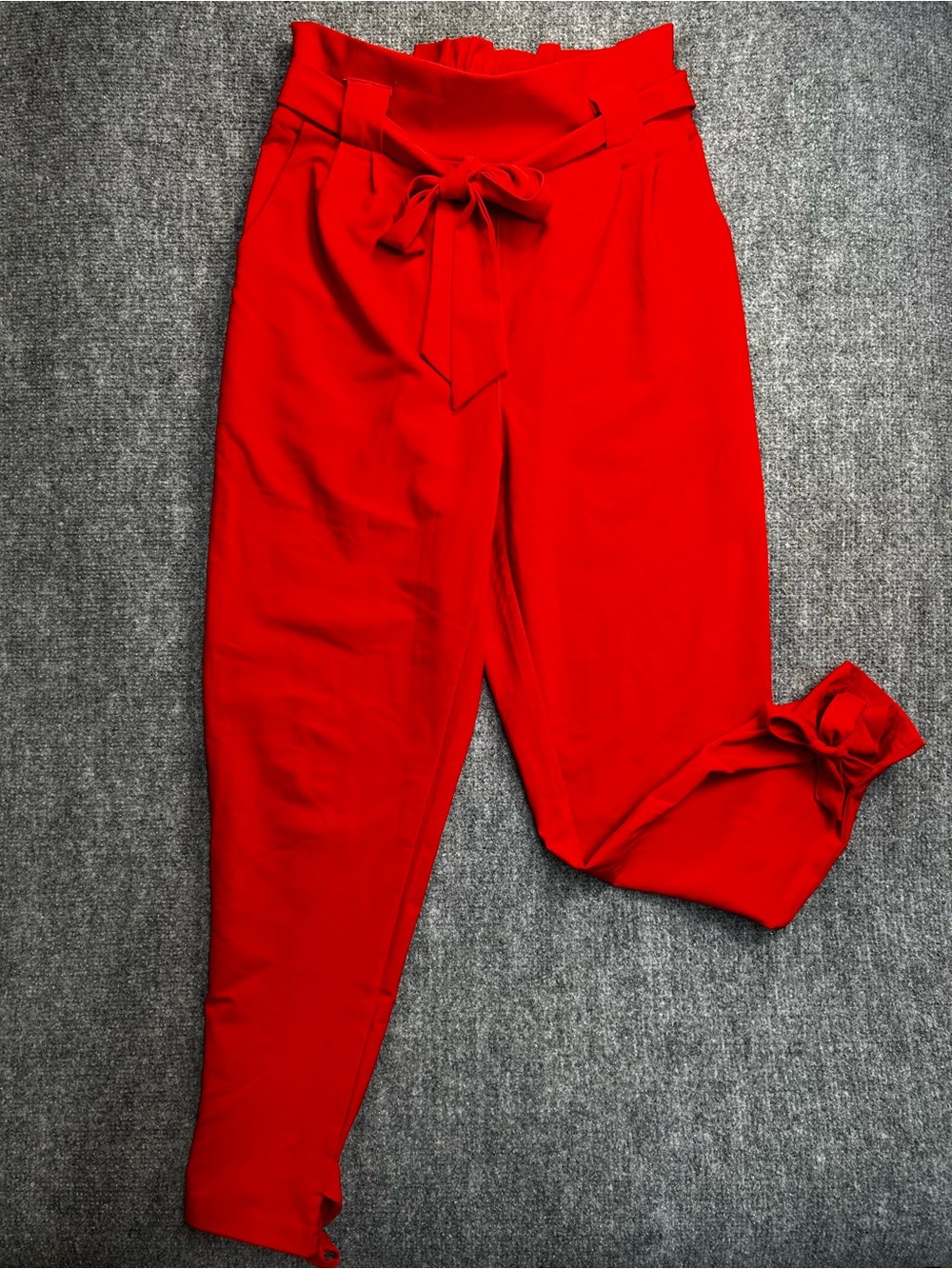 Grace Karin High-Waist Red Paperbag Tie-Waist Pants w/bow ankle accents Sz Med